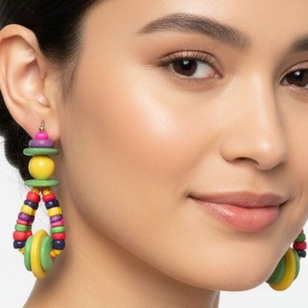 NOS 1980s Rainbow wooden‎ bead earrings Vintage SKUJ033